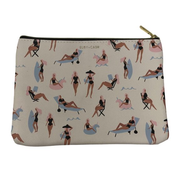 Ruby+Cash "On Holiday" Cosmetic Pouch Gold Zipper Playful Swimsuit Print Vacay - Picture 2 of 5